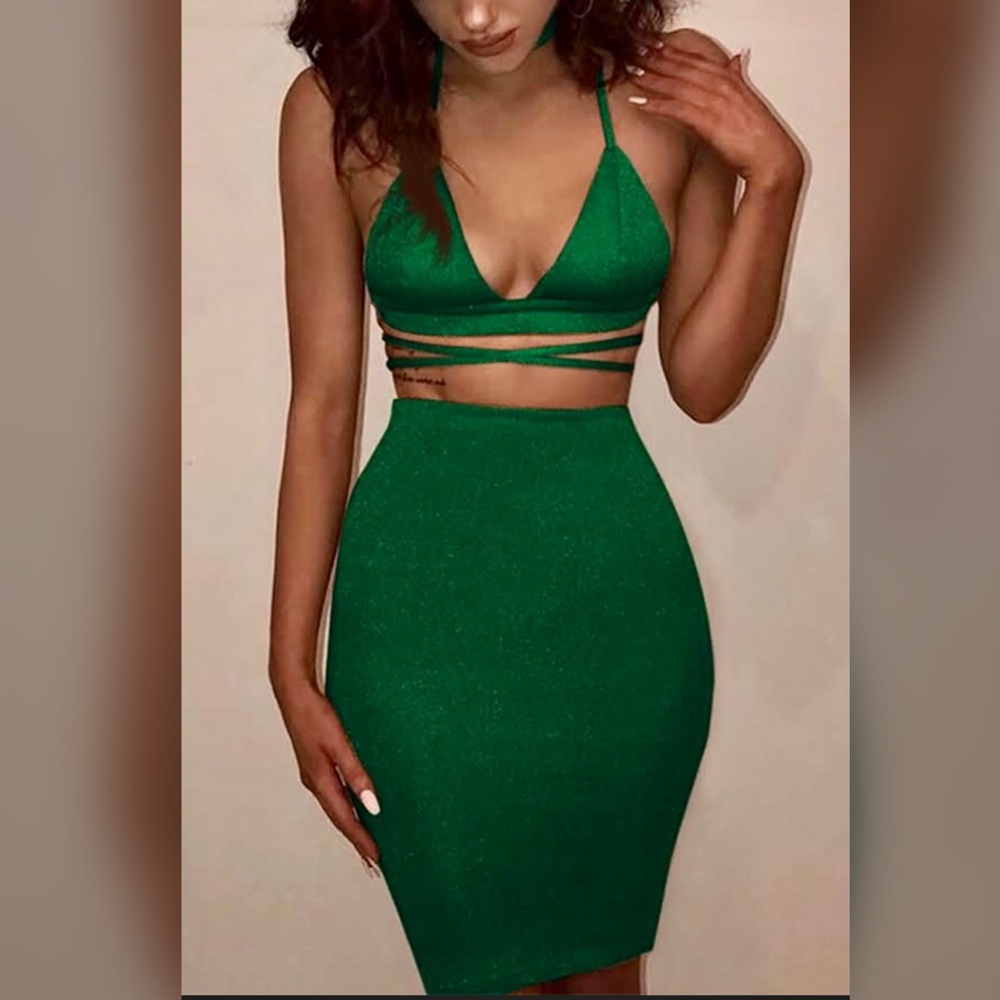Glitter Green Halter Tied Backless Sexy Skirt Set